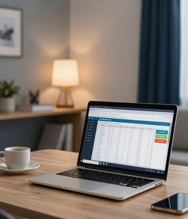A focused South Asian academic setting showing a modern home office with a laptop displaying a live accounting lecture, warm interior lighting, with light gray and navy blue accents in the background.