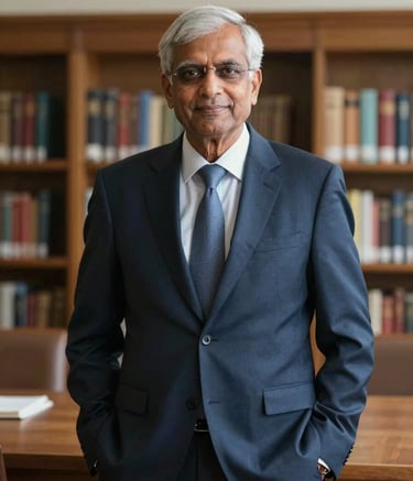 A professional portrait of a senior South Asian male professor in a formal suit, standing in a sophisticated academic library, soft natural lighting, conveying authority and trust, with navy blue and dark blue tones.
