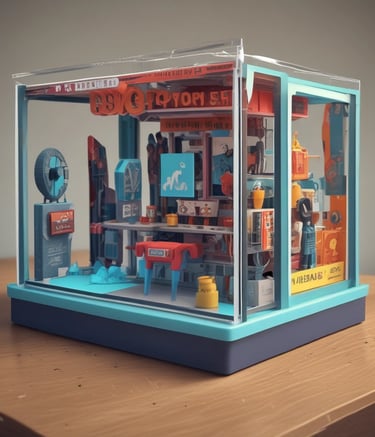 Gallery wall featuring framed photos of 3D objects and design sketches.