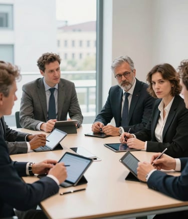 A group of professional consultants in a bright, modern conference room in a German city, discussing strategy over a large table with tablets, soft natural lighting, elegant atmosphere.