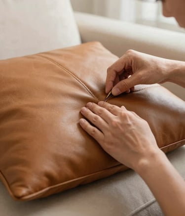 A high-detail photography close-up of a technician's hands expertly stitching a high-quality tan leather sofa cushion. The setting is a bright, upscale North American home. The lighting is soft and natural, emphasizing the professional craftsmanship and sophisticated texture of the materials.