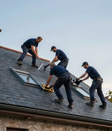 Wide shot of a professional roofing team at work on a beautiful traditional French house with slate tiles. The atmosphere is professional and orderly, showing reliability and expertise. The sky is soft blue, reflecting a calm work environment. Colors feature Dark Navy Blue uniforms and Soft Sky Blue skies.
