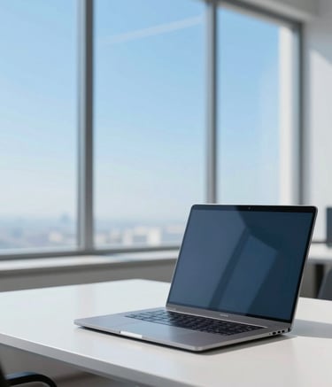 A refined, minimalist wide shot of a modern creative workspace in Saudi Arabia. A large window showing a clear blue sky, a sleek white desk with a laptop, reflecting a professional cinematic atmosphere. Palette dominated by #F0F4F7 and #2B5A8F. No text on image.