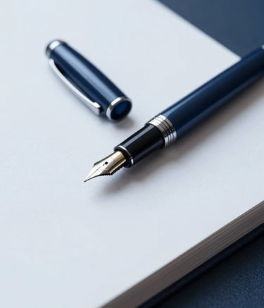 A minimalist and sophisticated close-up of a high-end fountain pen resting on a blank white script page. The lighting is soft and cinematic with cool blue shadows. Professional and clean aesthetic using #0A1C3B and #F0F4F7 tones. No text on image.