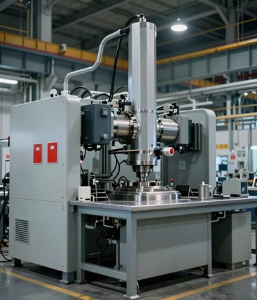 Wide shot of a modern industrial facility featuring high-tech automated machinery. The lighting is crisp and cool, highlighting the metallic surfaces and red safety markers. Authentic North American industrial environment.