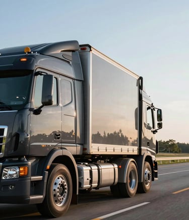 A side view of a modern multi-car carrier truck traveling on a clear Nebraska highway. The truck has Charcoal Dark Slate metallic accents and the lighting is the bright, clean glow of early morning. The composition is sleek and professional.