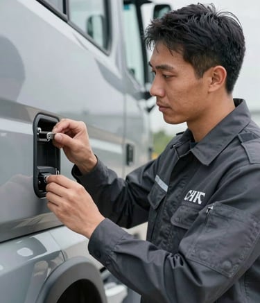 A close-up photograph of a professional transport driver in a clean, branded Charcoal Dark Slate uniform, inspecting a vehicle's securement point. The lighting is crisp and modern, emphasizing detail and professionalism.