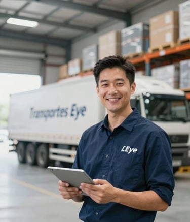 Interior of a modern, clean logistics warehouse with a professional manager holding a tablet, with a Transportes Eye truck visible in the bay background. Lighting is bright and natural. Color palette highlights #1A2E35 and #A4B7C4.