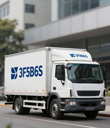 A medium-sized white freight truck with professional blue branding parked in a clean urban setting. The shot is a 3/4 view, sharp focus, professional commercial photography. Colors include #3F5B6F and #1A2E35.
