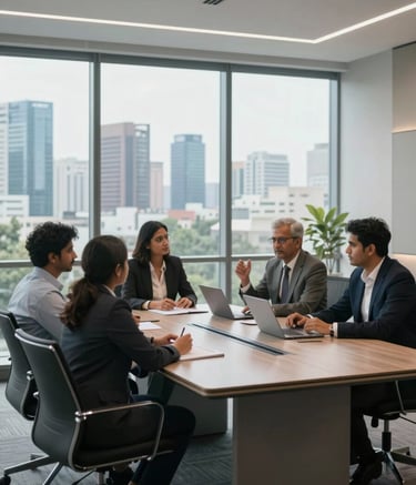 A professional wide-shot of a modern boardroom in Noida. Large windows overlook a developing city skyline. The interior features minimalist furniture in charcoal and light grey tones. South Asian / Indian business consultants are seen mid-discussion, conveying a sense of expert guidance and reliability. High-end, soft interior lighting.
