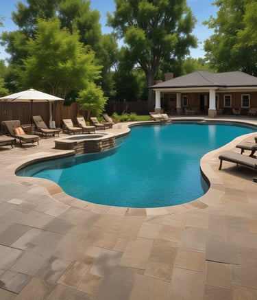 a pool with lounge chairs and umbrellas