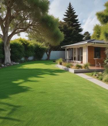 A freshly mowed lawn bordered by neatly trimmed hedges under a bright Christchurch sky.