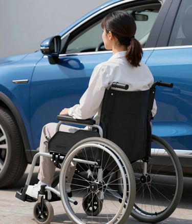 A high-quality, professional photograph of a person using a wheelchair approaching a modern vehicle. The scene is outdoors with bright, natural lighting. The car reflects soft blue highlights (#3A6F8B), symbolizing freedom and accessibility through tax exemptions.