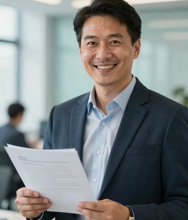 A close-up of a friendly and professional consultant holding a document and smiling towards the camera. The office setting is bright and modern, with soft blue tones (#B6DDE5) in the background. The lighting is warm and welcoming, reflecting a humanized service approach.