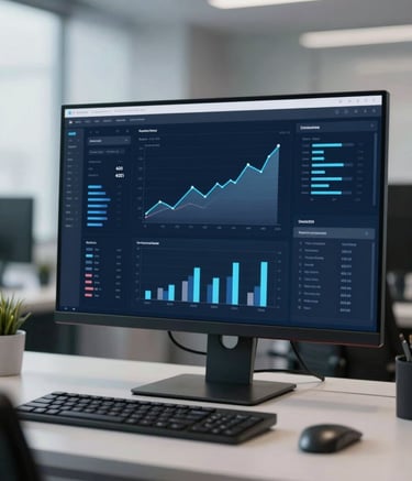 A professional environment showing a sleek, modern workstation with a large monitor displaying complex analytics and growth charts. The scene is lit with cool, authoritative tones of #1B263B and #778DA9, exuding confidence and technical expertise in a clean, high-end office.