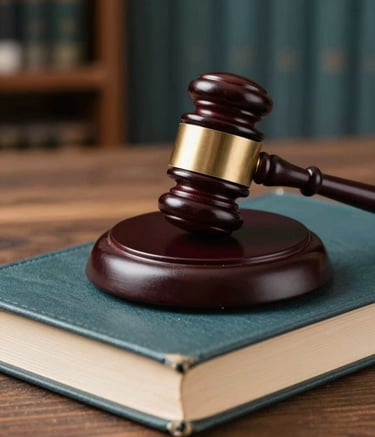 Close-up photography of a legal gavel resting on a Muted Slate Teal leather-bound book. The background is a blurred law library with hints of Dark Charcoal Teal wood. Natural, soft lighting highlights the texture of the wood.
