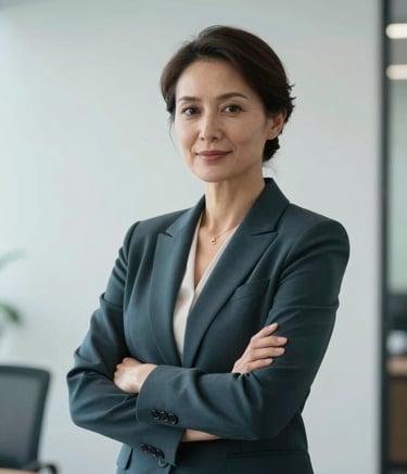 A professional portrait of a female lawyer in her 40s with a confident and empathetic expression, wearing a Dark Charcoal Teal blazer, standing in a brightly lit modern office with Pale Mist walls. Photography style is clean and sharp.