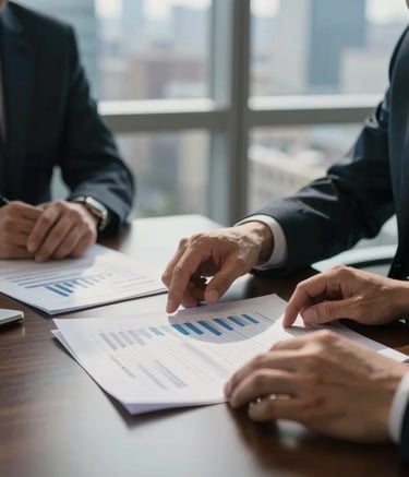 A close-up photograph of a professional meeting in a North American executive office. Focus on a pair of hands reviewing financial documents on a dark wood table, with soft morning light coming through large windows showing a blurred cityscape in Slate Blue tones.