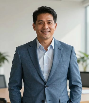 A professional portrait of a confident wealth manager in a Slate Blue suit, standing in a bright, modern office with a minimalist Off-white background, capturing a trustworthy and approachable North American persona.