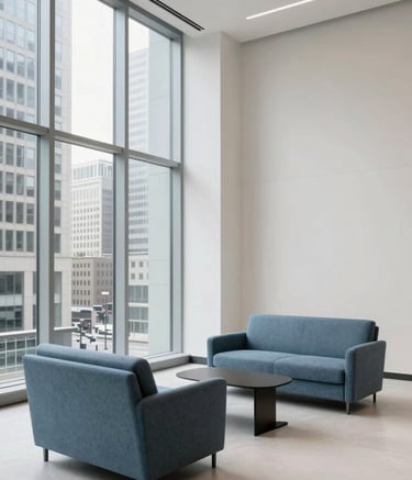 A wide-angle, minimalist photograph of a high-end corporate lounge in a North American financial district. The aesthetic is clean and modern, featuring Slate Blue furniture, Off-white walls, and floor-to-ceiling glass windows.