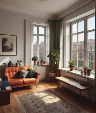Modern renovated living room with warm wooden accents and soft lighting.