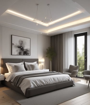 3D visualization of a modern living room with minimalist design.