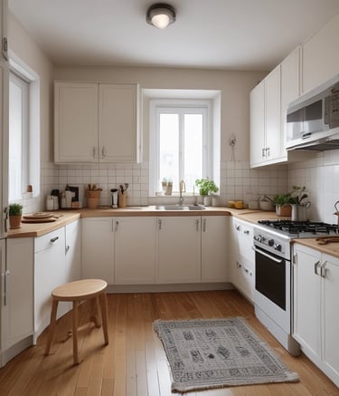 Modern renovated living room with warm wooden accents and soft lighting.