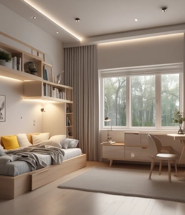 Modern renovated living room with warm wooden accents and soft lighting.