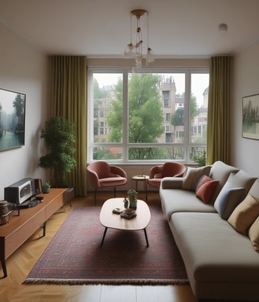 Modern renovated living room with warm wooden accents and soft lighting.