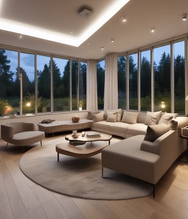 3D visualization of a modern living room with minimalist design.