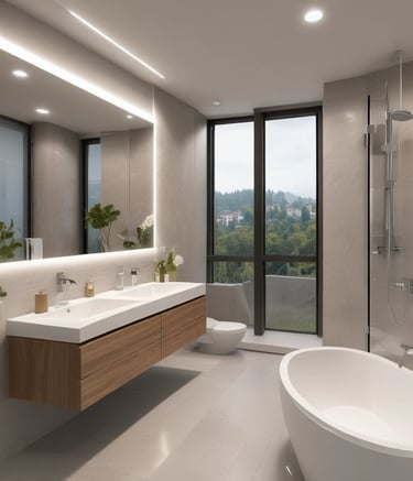 Modern renovated living room with warm wooden accents and soft lighting.