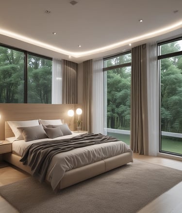 3D visualization of a modern living room with minimalist design.