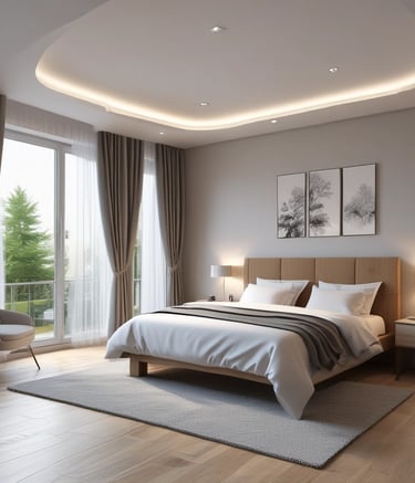 Modern renovated living room with warm wooden accents and soft lighting.