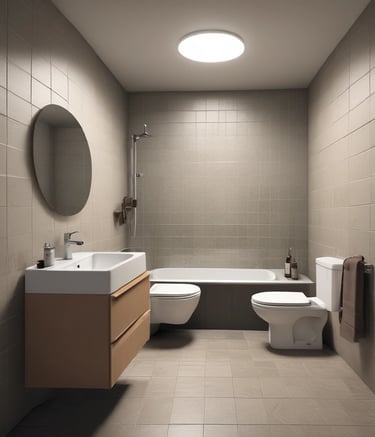 Modern renovated living room with warm wooden accents and soft lighting.