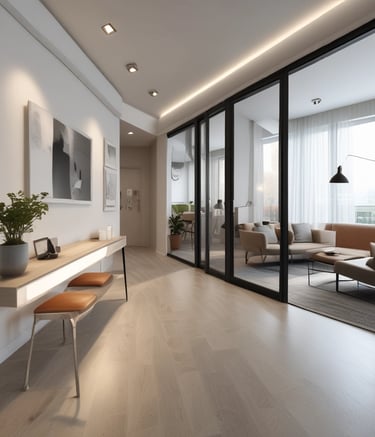Modern renovated living room with warm wooden accents and soft lighting.