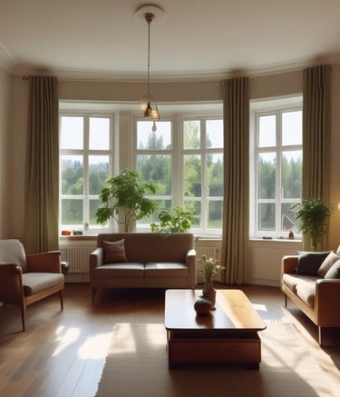Modern renovated living room with warm wooden accents and soft lighting.