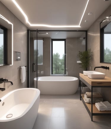 Modern renovated living room with warm wooden accents and soft lighting.