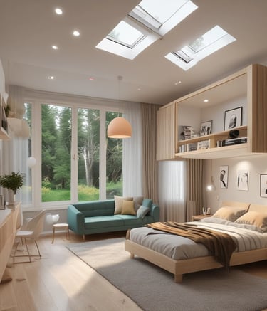 Modern renovated living room with warm wooden accents and soft lighting.