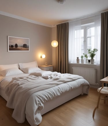 Modern renovated living room with warm wooden accents and soft lighting.