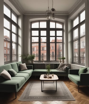 3D visualization of a modern living room with minimalist design.