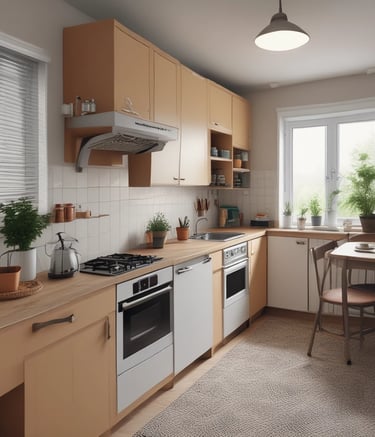 3D visualization of a modern living room with minimalist design.