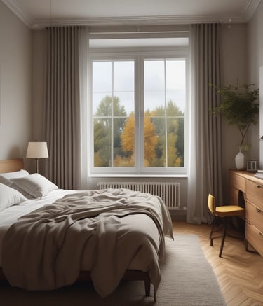 Modern renovated living room with warm wooden accents and soft lighting.