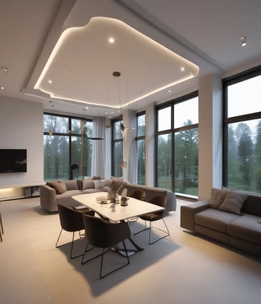 Modern renovated living room with warm wooden accents and soft lighting.