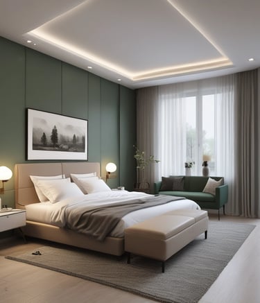 Modern renovated living room with warm wooden accents and soft lighting.