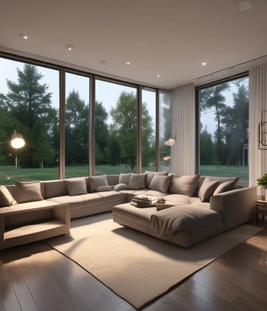 Modern renovated living room with warm wooden accents and soft lighting.