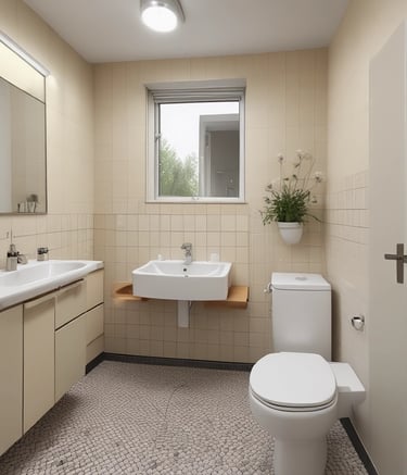 Modern renovated living room with warm wooden accents and soft lighting.