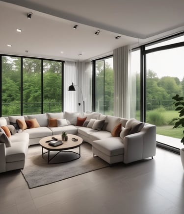 Modern renovated living room with warm wooden accents and soft lighting.
