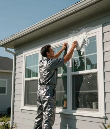 A professional in a clean steel grey uniform washing the exterior windows of a modern two-story North American suburban home on a sunny day.