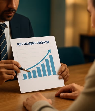 A focused close-up of a professional South Asian / Indian consultant's hands reviewing a retirement growth chart with a middle-class client in a clean, modern office. The scene features warm, professional lighting and a soft-focus background with blue and gold accents.