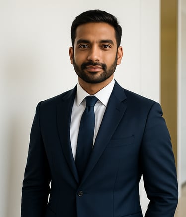 A professional South Asian / Indian man in a navy blue business suit standing confidently in a bright, modern corporate office in India. The background is a clean white wall with a hint of a gold architectural detail, shot in a professional photography style.